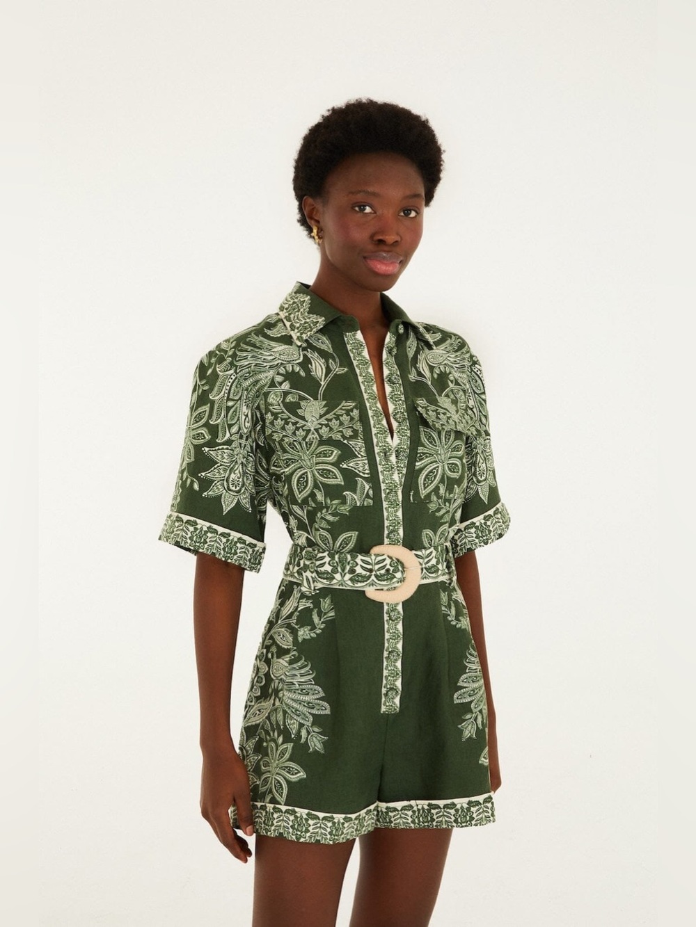 Farm Rio: MIRANDA DARK GREEN SHORT SLEEVE ROMPER - Picture 10 of 13